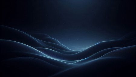 abstract blue wavy background with glowing particles, 3d render
