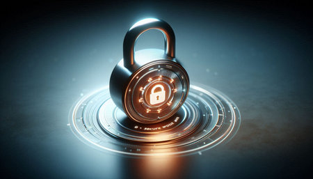 Digital composite of 3D Padlock on circle interface with blue light