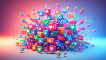 3d rendering of social media background with colorful application icons flying out