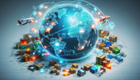 Conceptual image with world map and cargo containers. 3d rendering