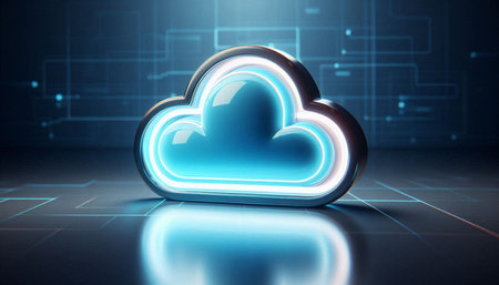 3d render of blue cloud icon on dark background with circuit board
