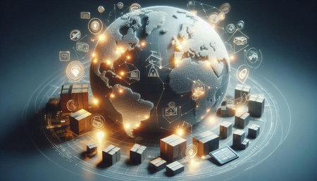 Global logistics network concept. 3d rendering toned image double exposure