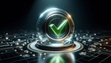 3D rendering cryptocurrency coin with green check mark on a dark background