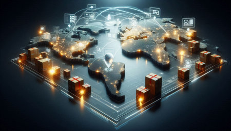 Global logistics concept with world map and containers 3D rendering elements of this image furnished...