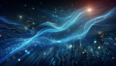 Futuristic technology background with glowing lines and bokeh effectの写真素材