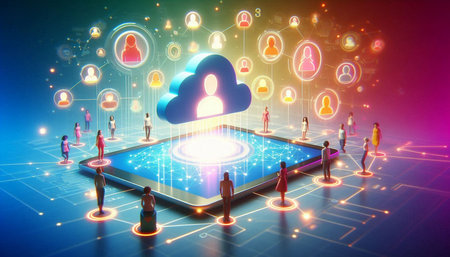 Cloud computing concept with 3d people and tablet computer in abstract background