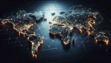 Digital world map with glowing lines and dots on dark background 3D renderingの写真素材