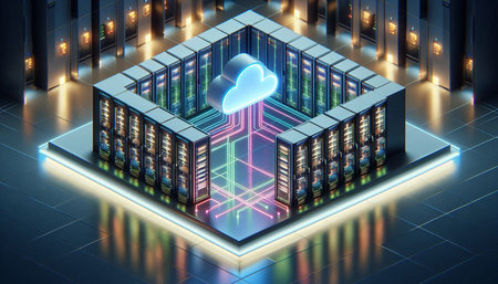 Cloud computing concept on server room background. 3d rendering. Computer digital drawing.