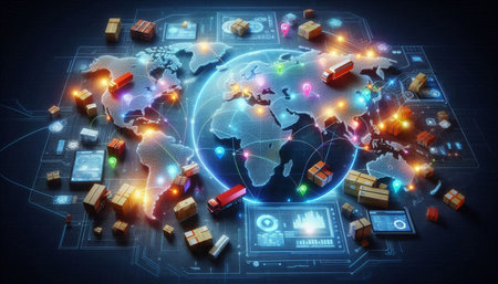 Global logistics network concept with world map and containers. 3D rendering