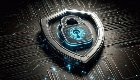 Cyber security concept with closed padlock on circuit board 3D rendering