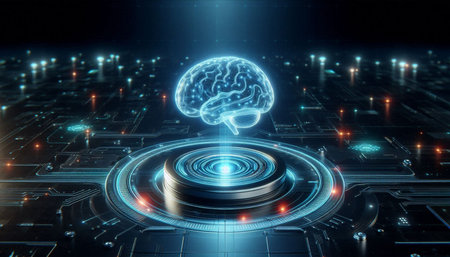 3D rendering artificial intelligence concept with human brain hologram over circuit board background