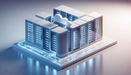 Server room in isometric view 3d render on a blue background
