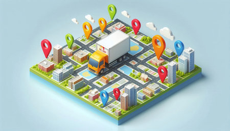 Isometric city map with delivery truck and cityscape on blue background