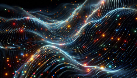 3d rendering of abstract digital particles wave flowing in dark space with glowing particles
