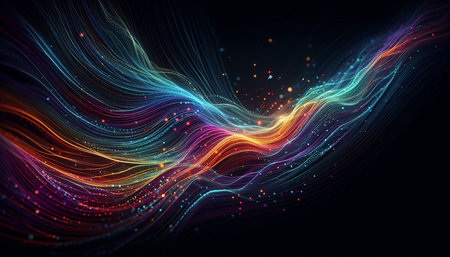 Abstract background with glowing lines and particles in the form of a wave