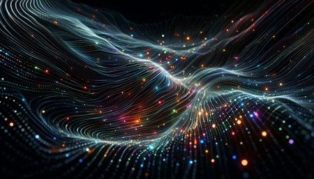 3d rendering of abstract particles in cyberspace with depth of field