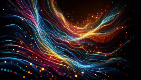 3d render, abstract background with glowing particles and lines, wave design
