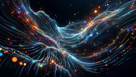 3d rendering of abstract particles in cyberspace with depth of field
