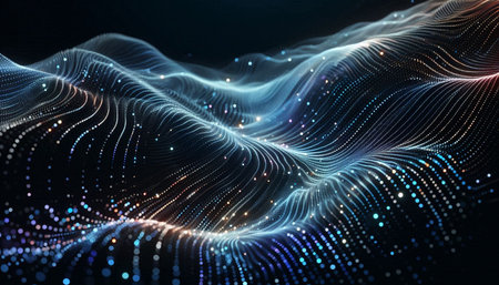 3d rendering of abstract digital particles in empty space. Futuristic wave with glowing particles. Technology background.の写真素材
