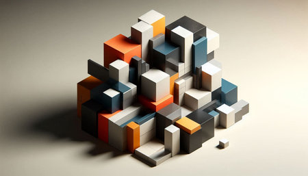 3d illustration of abstract geometric composition made of cubes in orange, blue and black colors