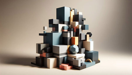 3d illustration of abstract geometric composition made of cubes and cylinders.の写真素材