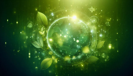 Abstract green background with planet and leaves. Elements of this image furnished by NASA