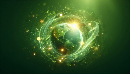 Glowing planet earth with glowing lines and particles. 3D renderingの写真素材