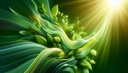 Abstract green background with leaves and rays of light. 3d renderingの写真素材