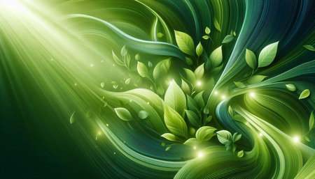 Abstract green background with leafs and light effects. Vector illustration.