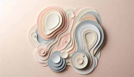 Paper cut shapes on beige background, top view. 3d rendering