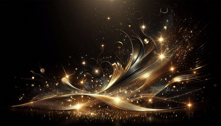Abstract black background with golden lines and sparkles. Vector illustration.の写真素材