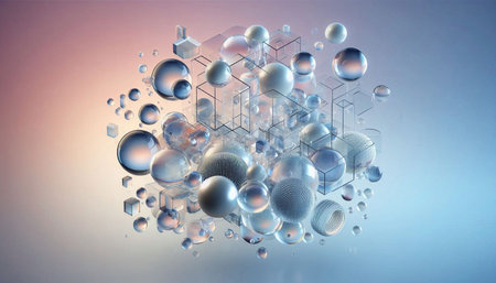 Abstract 3d rendering of hexagons and spheres. Technology background.の写真素材