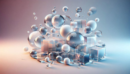Abstract 3d rendering of glass cubes and balls. Futuristic background.の写真素材