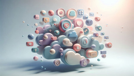 Colorful 3D rendering of social media icons flying in the air