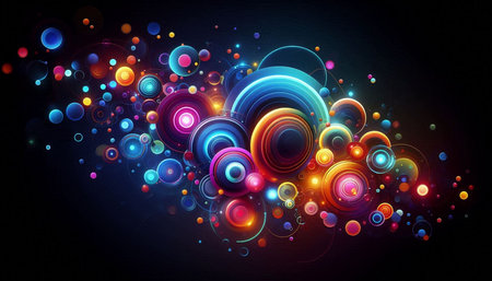 abstract colorful circles on black background. 3d illustration with copy space