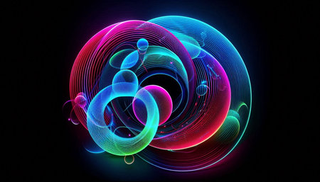 abstract background with colorful neon circles and lines on a dark background