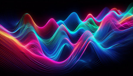 abstract 3d illustration of colorful sound waves in the dark background