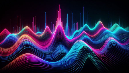abstract colorful sound wave in dark background, 3d render illustration