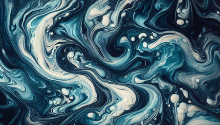 Abstract background of acrylic paint in blue and white tones. Liquid marble pattern.