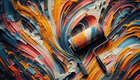 Colorful paint rollers and paint brushes on a palette of colorsの写真素材