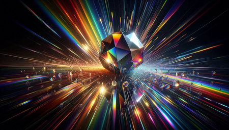 3d rendering of a crystal in space with a colorful background.