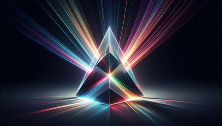 Glowing crystal pyramid in space, computer generated abstract background, 3D rendering
