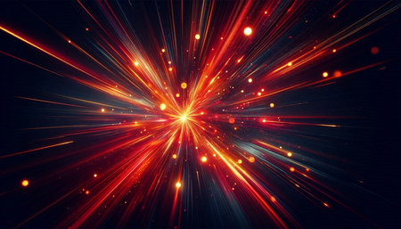 abstract red background with star rays and bokeh effect.