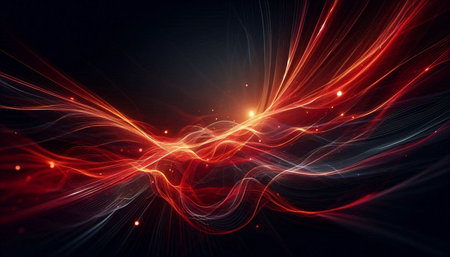 abstract red background with smooth lines and sparkles on dark backdrop