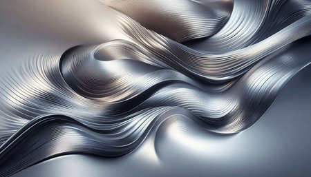 Metallic abstract wavy liquid pattern on white background. 3d render illustrationの写真素材