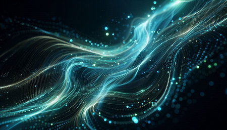 3d rendering of glowing particles in cyberspace with depth of field