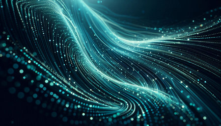 3D rendering of glowing particles in cyberspace with depth of field and bokeh. Particles form line...