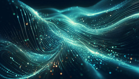 3d rendering abstract particles wave light and sound waves in dark background