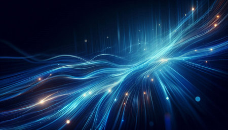 abstract blue background with glowing lines and particles, 3d render