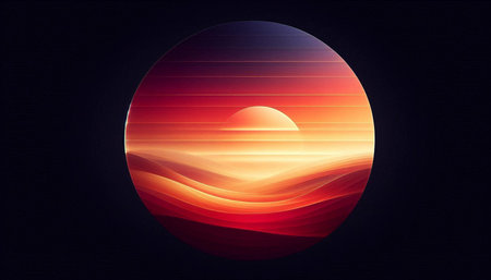 Abstract red and orange background with sun and waves. Vector illustration.